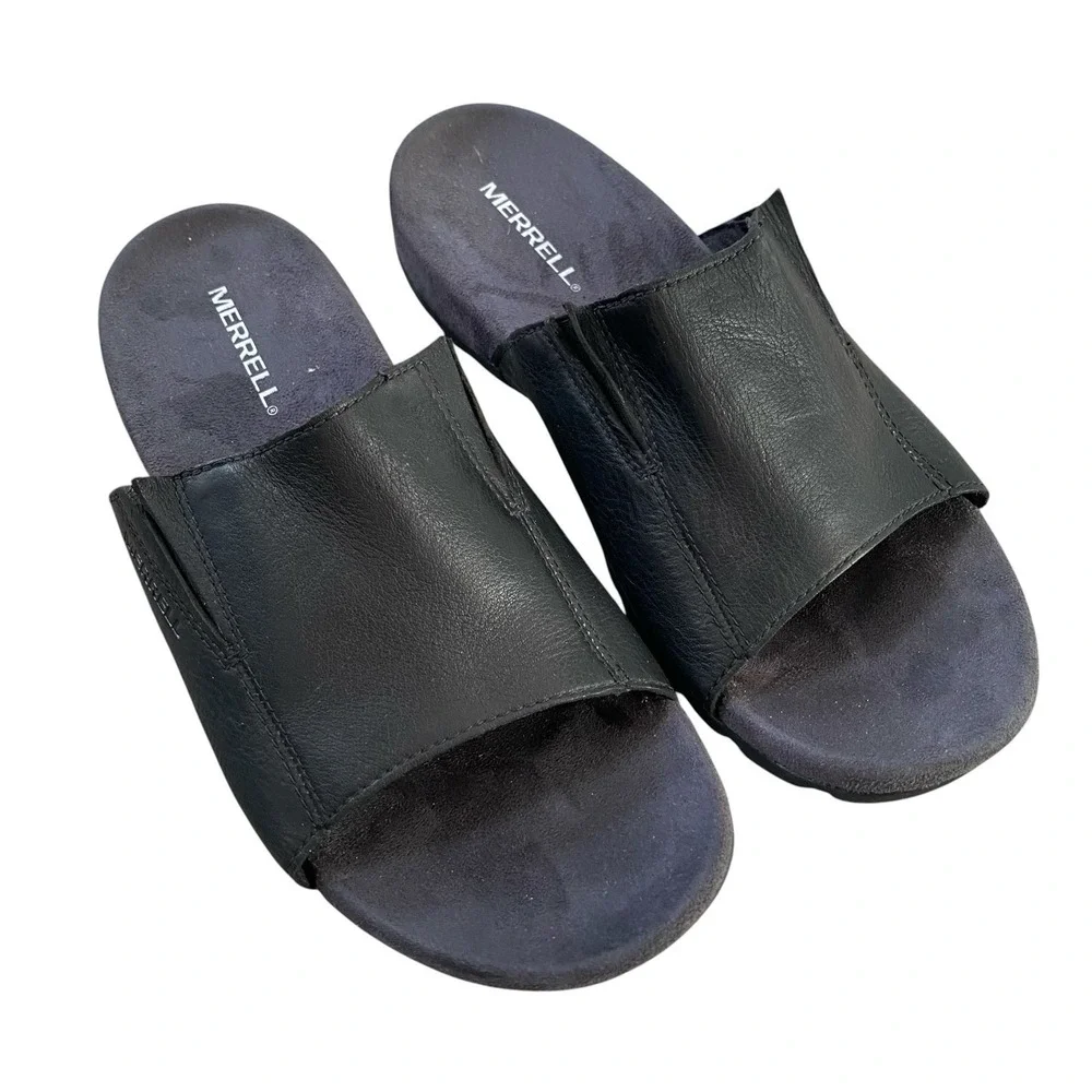 Merrell Sandspur Slide Sandals Men Size 10 EU 43 Black Leather Flat Slip On